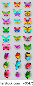 Set of various colorful vector butterflies isolated on light background.