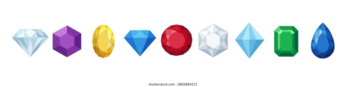Set of various colorful vector gemstones and crystals in a flat design style, isolated on white background. Includes diamonds, rubies, emeralds, sapphires, amethysts, and raw mineral clusters.