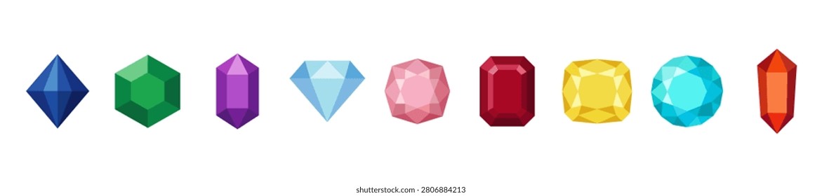Set of various colorful vector gemstones and crystals in a flat design style, isolated on white background. Includes diamonds, rubies, emeralds, sapphires, amethysts, and raw mineral clusters.