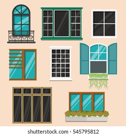 Set of various colorful  windows.House construction collection.Flat style vector illustration