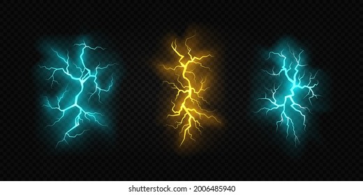 Set of various colors lightnings on transparent background. Thunder-storm and thunderbolt for design. Powerful electrical discharge, zippers, thunderstorm and lightning.