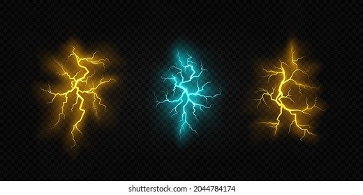 Set of various colors lightnings on transparent background. Thunder-storm and thunderbolt for design. Powerful electrical discharge, zippers, thunderstorm and lightning.