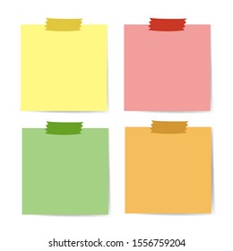 Set of various colors note papers with adhesive. Tape on white background.