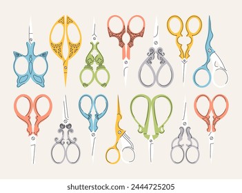 Set of various colourful Scissors. Elegant, fancy, vintage, retro style. Hand drawn Vector illustration. Isolated design elements. Cutting hair, scissoring, shear concept