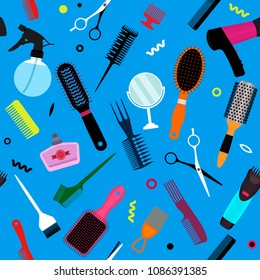 A set of various combs, a hairdryer, a mirror in a seamless pattern. Modern texture for hairdressing business and beauty salons. flat vector illustration