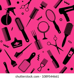 A set of various combs, a hairdryer, a mirror in a seamless pattern. Modern texture for hairdressing business and beauty salons. flat vector illustration