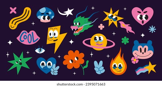 Set of various comic groovy characters such as heart, flower and stars in space, cartoon style. 70s funny cute retro stickers collection. Trendy modern vector illustration, hand drawn, flat design