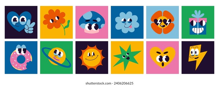 Set of various comic groovy characters, cartoon style. Square colorful icons. 70s funny cute retro stickers collection. Trendy modern vector illustration, hand drawn, flat design