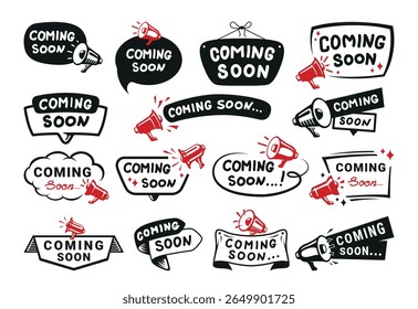 Set of various coming soon icons in the form of speech bubbles for promotional purposes in business marketing campaigns
