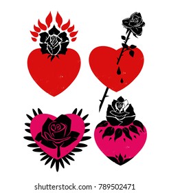 A set of various compositions of the hearts and the roses silhouettes . Hand-drawn vector illustration.