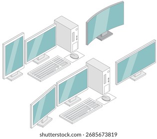 A set of various computer monitors with isometric main lines