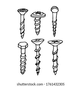 set of various construction screws, bolts for fixing and repairing, vector illustration with black ink contour lines isolated on a white background in doodle & hand drawn style 