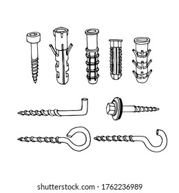 conjunto de varios tornillos de construcción, fijos de centraje para la fijación, perforación y reparación, ilustración vectorial con líneas de contorno de tinta negra aisladas sobre un fondo blanco en el doodle y estilo dibujado a mano