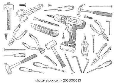 Set of various construction tools in sketch style. Vector illustration.