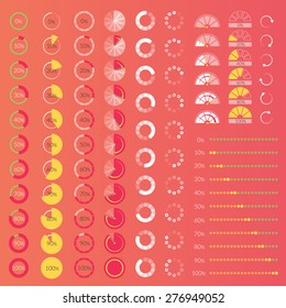 Set of various contour progress bars with percentages on rad background