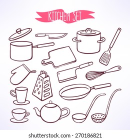 Set with various cooking facilities. pot, cups and teapot, ladle. hand-drawn illustration
