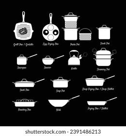Conjunto de varios vectores planos de silueta de cocinas. Icono de juego de cookies aislado en fondo negro para web. Utensilios de cocina para el concepto de cocina. Icono de Cookware para web. Artículos de cocina. Aparatos de cocina.