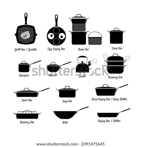 Set of various cookwares silhouette flat vector. Cookware set icon isolated on white background for web. Cooking utensils set for kitchen concept. Cookware icon for web. Kitchenwares. Kitchen gadgets.