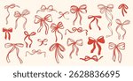Set of various coquette bows, gift ribbons. Rococo trendy hand drawn style. Trendy girls accessories. Cute hairstyle elements collection.  Isolated clip arts for card, wedding, gifts, girls decor