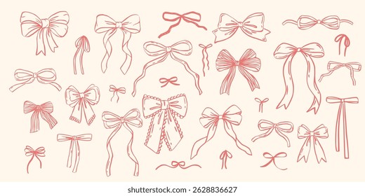 Set of various coquette bows, gift ribbons. Rococo trendy hand drawn style. Trendy girls accessories. Cute hairstyle elements collection.  Isolated clip arts for card, wedding, gifts, girls decor.