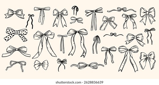 Set of various coquette bows, gift ribbons. Rococo trendy hand drawn style. Trendy girls accessories. Cute hairstyle elements collection.  Isolated clip arts for card, wedding, gifts, girls decor.