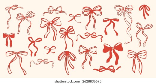 Set of various coquette bows, gift ribbons. Rococo trendy hand drawn style. Trendy girls accessories. Cute hairstyle elements collection.  Isolated clip arts for card, wedding, gifts, girls decor