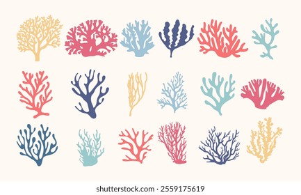 Set of various corals, algae and seaweed. Aquarium plants. Cartoon ocean plants. Underwater reef flora vector illustration icons set	