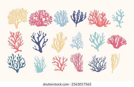 Set of various corals, algae and seaweed. Aquarium plants. Cartoon ocean plants. Underwater reef flora vector illustration icons set	