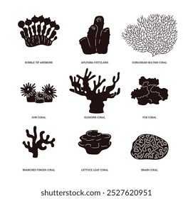 Set of various corals. Black silhouette with text. Coral reef. Underwater flora. Collection of inhabitants of the ocean depths. Marine environment. Decorative design element. Vector illustration.