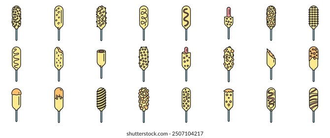 Set of various corn dogs with different toppings being dipped in mustard or chocolate