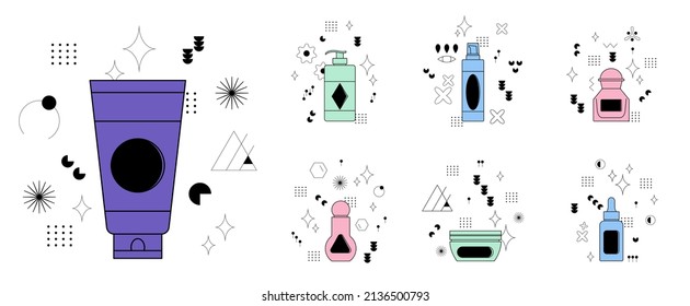 Set of various cosmetic bottles for face, skin, hair with geometric shapes. Bottles, tubes and jars for organic lotion, cream, shampoo and gel. Graphic flat illustration on white background.