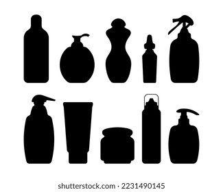 Set of various cosmetic bottles, tubes, jars silhouettes. Clipart include containers for Cream, Lotion, Shampoo, Spray, Soap, Shower Gel, Foam. Isolated on white background 
