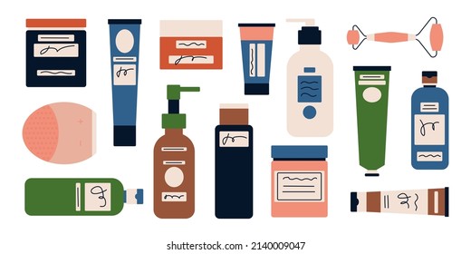 A set of various cosmetic products for body, hair and skin care. A set of organic cosmetics and make-up items in bottles, tubes and jars. Colored flat vector illustration isolated. Natural composition