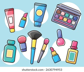 A set of various cosmetic products for grooming. Collection of decorative cosmetics and makeup items in bottles, tubes and jars. Flat vector illustration