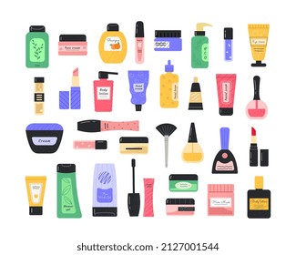 Conjunto de productos cosméticos variados. Pegatinas con jarras y tubos de cremas, lociones y geles para cuidado de piel, cuerpo y pelo. Rutina de belleza. Colección vectorial plana de dibujos animados aislada en fondo blanco