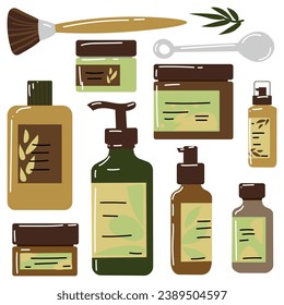 A set of various cosmetics for body, hair and skin care. A set of organic cosmetics and makeup products in bottles and jars. Color flat vector illustration highlighted on a white background