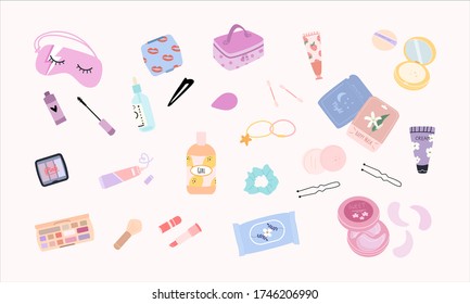 Set of various cosmetics. Cosmetic bag, hair bands, hairpins, lipstick, eye shadow, washing gel, mascara, cream, powder, sponge, mirror. Make up and body care concept. All elements are isolated. 