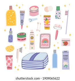 Set of various cosmetics. Cosmetic bag, SPF cream, oil cleanser, foam cleanser, cotton buds, toner, tonic, essence, sheet mask, serum, eye patches, teeth brush. Make up and skin care concept. Vector.