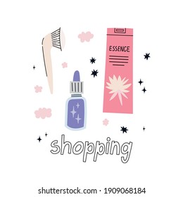 Set of various cosmetics. Essence, serum, brush. Make up and skin care concept. Vector illustration.