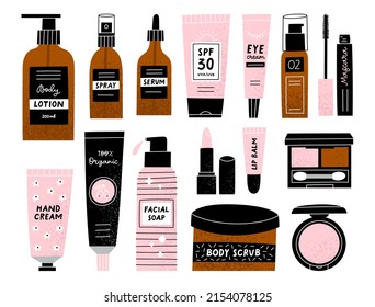 Set of various cosmetics for face and body care. Makeup items in bottles, tubes and jars. 