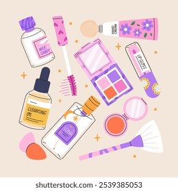 Conjunto de vários cosméticos. Produtos de maquiagem e cuidados com a pele. cosméticos decorativos, limpadores faciais. Ilustração de vetor plano.