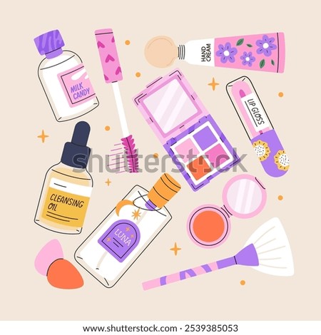 Set of various cosmetics. Make up and skin care products. decorative cosmetics, facial cleansers. Flat vector illustration.