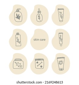 Set of various cosmetics. Oil cleanser, foam cleanser, toner, serum, mask, eye cream, moisturizer, SPF. Skincare attribute. Cosmetic tube for beauty and care. Flat style vector illustration.