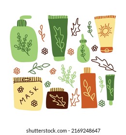 Set of various cosmetics. Oil cleanser, foam cleanser, toner, serum, mask, eye cream, moisturizer, SPF. Skincare attribute. Cosmetic tube for beauty and care. Flat style vector illustration.