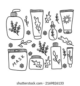 Set of various cosmetics. Oil cleanser, foam cleanser, toner, serum, mask, eye cream, moisturizer, SPF. Skincare attribute. Cosmetic tube for beauty and care. Flat style vector illustration.