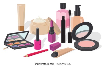 A set of various cosmetics on a white background.Powder, lipstick,foundation, night cream, mascara, eyeliner pencil, eye shadow, lae for nocte.Vector image isolated on a white background. svg