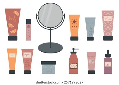 Set of various cosmetics for skin care. A set of cosmetics in bottles, tubes and jars. Colored flat vector illustration isolated on white background.