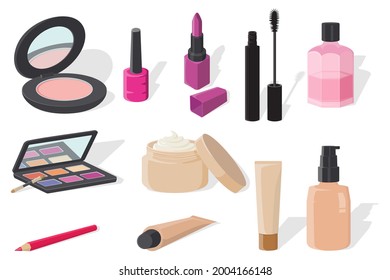 A set of various cosmetics.Powder, lipstick,foundation, night cream, mascara, eyeliner pencil, eye shadow, lae for nocte.Vector image isolated on a white background. svg