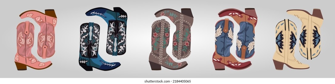 Juego de botas de vaquero variadas. Diferentes adornos. Estilo de la moda salvaje del Oeste. Ilustración vectorial dibujada a mano realista.