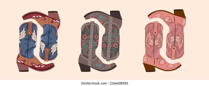 Set of various cowboy boots. Shoe pairs. Different ornaments. Fashion concept. Wild West theme. Hand drawn colored trendy Vector art illustration. All elements are isolated